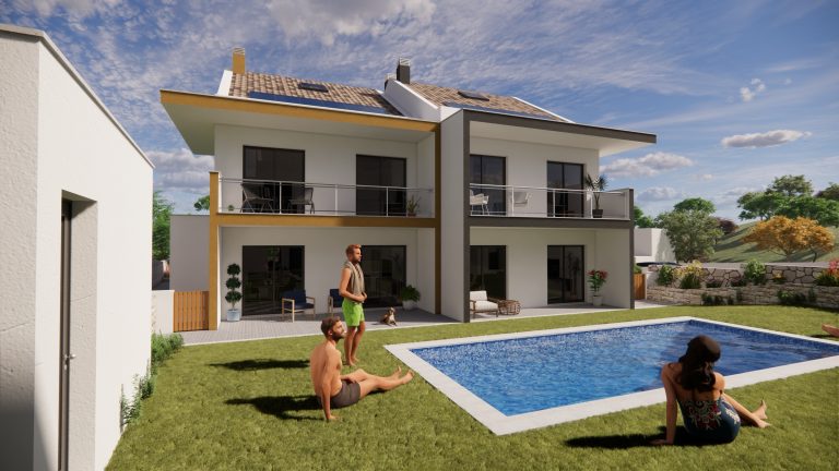 Render 3D das moradias Lagoa Vilas com jardim e piscina comum, na Lagoa, Mafra